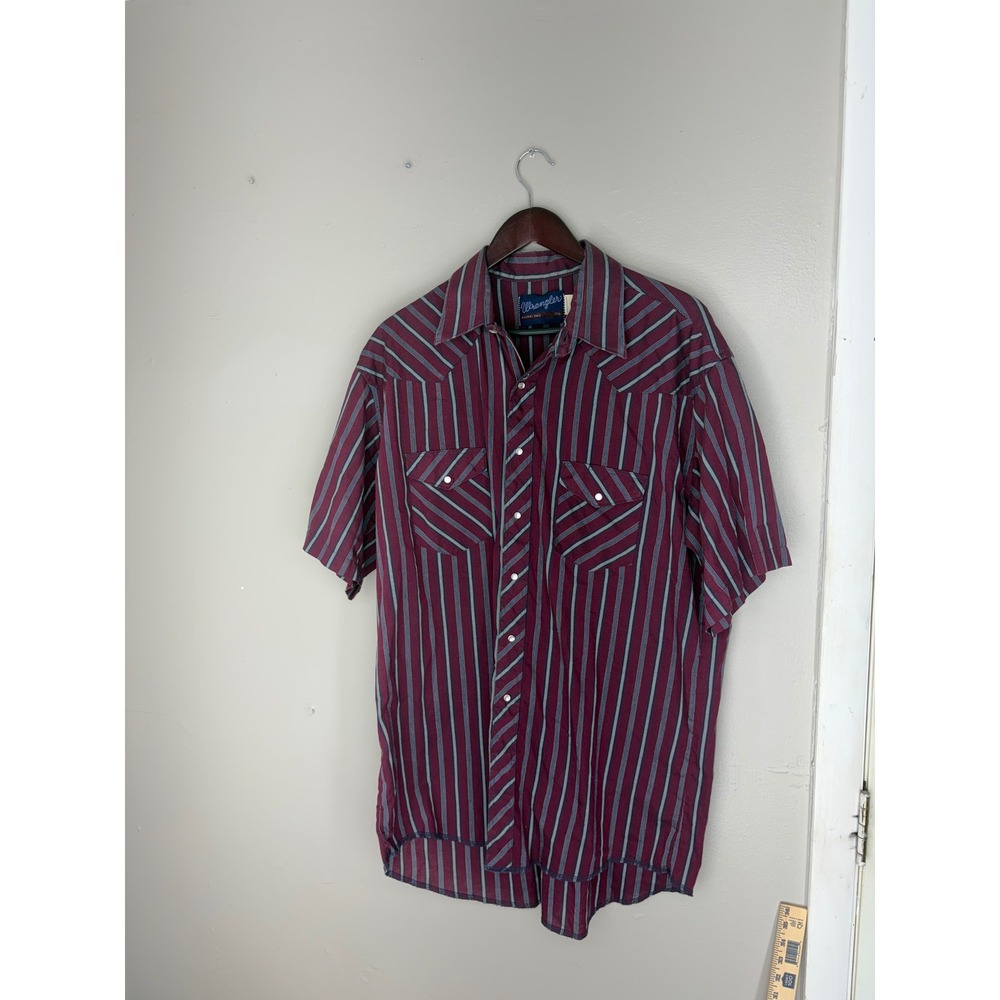 Wrangler Western Shirt Mens 17.5 Tall Burgundy Striped Pearl Snap X-Long Tails